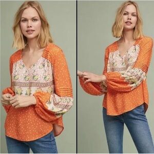 Maeve by Anthropologie Ceresco Peasant Floral Orange Women's Blouse